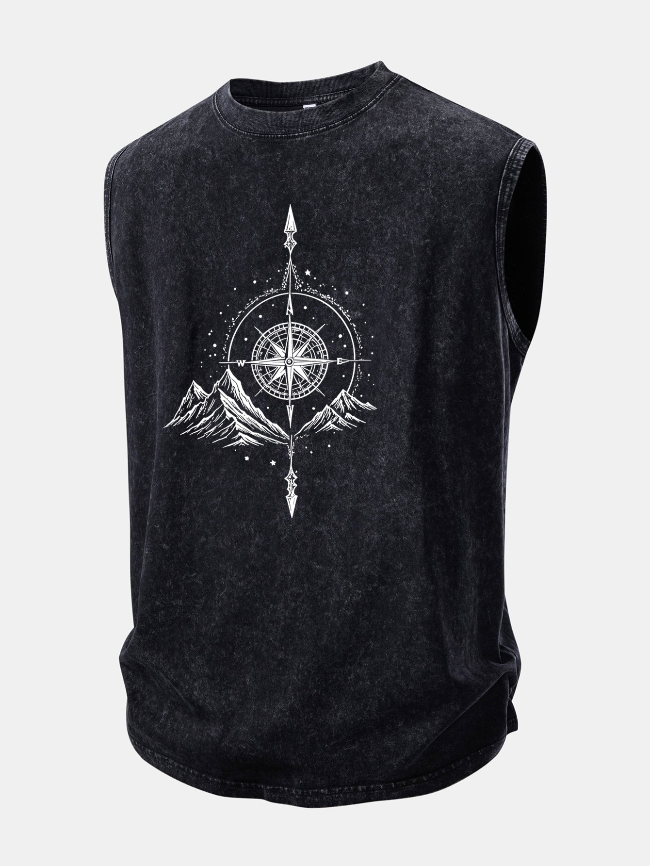 Mountain Compass Print Washed Distressed Tank Top
